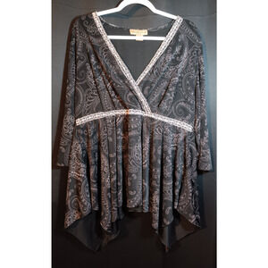 Notation Top Womens 1X Black Pink Paisley Floral Print Made in USA Y2K Pullover